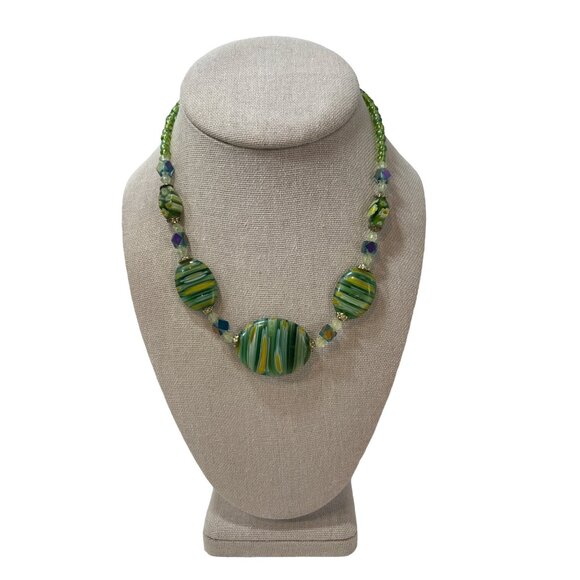 Handcrafted Vintage You and I Green Glass Bead & Stone Necklace With Bronze Chai - Picture 1 of 6